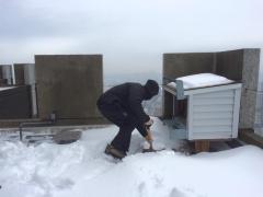 Image of Volunteer Rory MacInnis shovels snow from the front of the nestbox. We needed to access conduit to re-install the pinhole camera inside the nestbox.