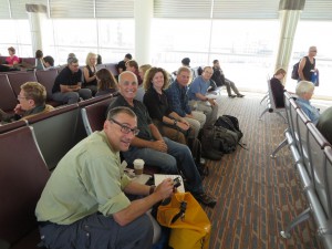 The Arctic shorebird research team waiting for their flight in Winnipeg. From left to right: Rick Lathrop, Larry Niles, Amanda Dey, Mark Peck, and Steve Gates.