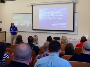 Jen Zebrowski from Jenkinson’s Aquarium providing an overview of NJ's marine mammal & sea turtle species at CWF's recent stranding response workshop at Stockton College. Photo by Stephanie Feigin.