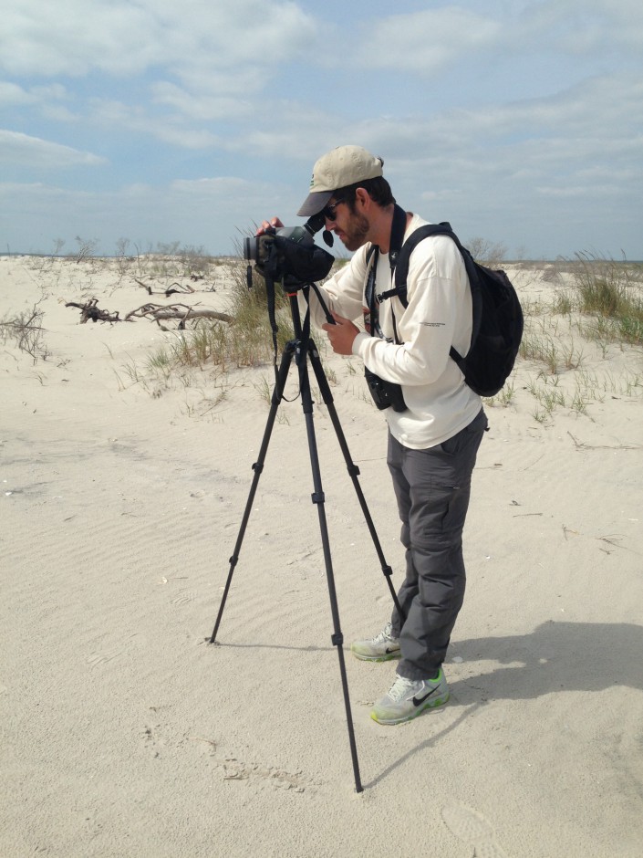 CWF Field Technician Jesse Amesbury tracking piping plovers at Holgate with his scope.