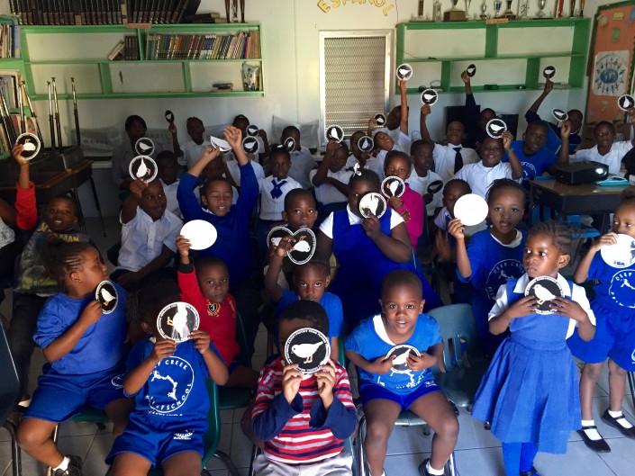 Deep Creek Primary students with the migratory and wintering Piping Plover decal.