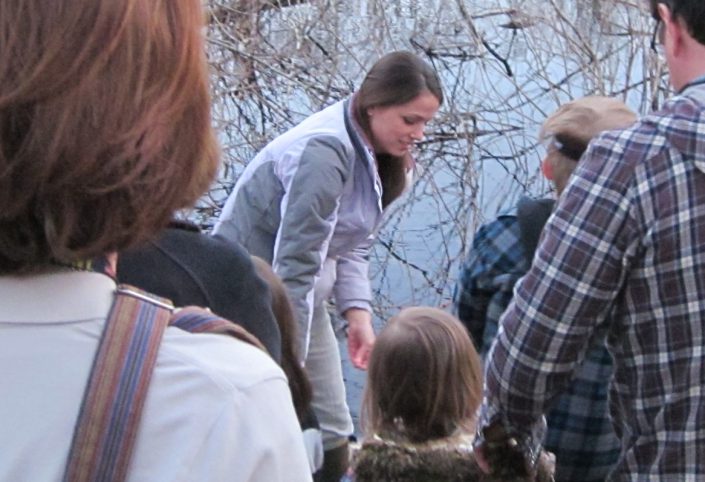 CWF biologist Kelly Triece looking for wildlife in the vernal pool.