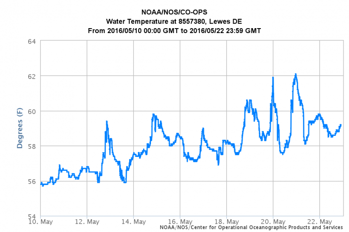 Water temperature at the mouth of Delaware Bay.